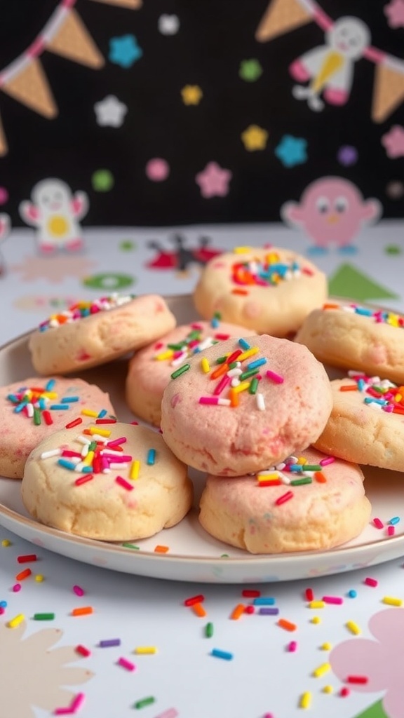 A plate of Mystic Flour Cookies with colorful sprinkles and edible glitter, set against a whimsical background.
